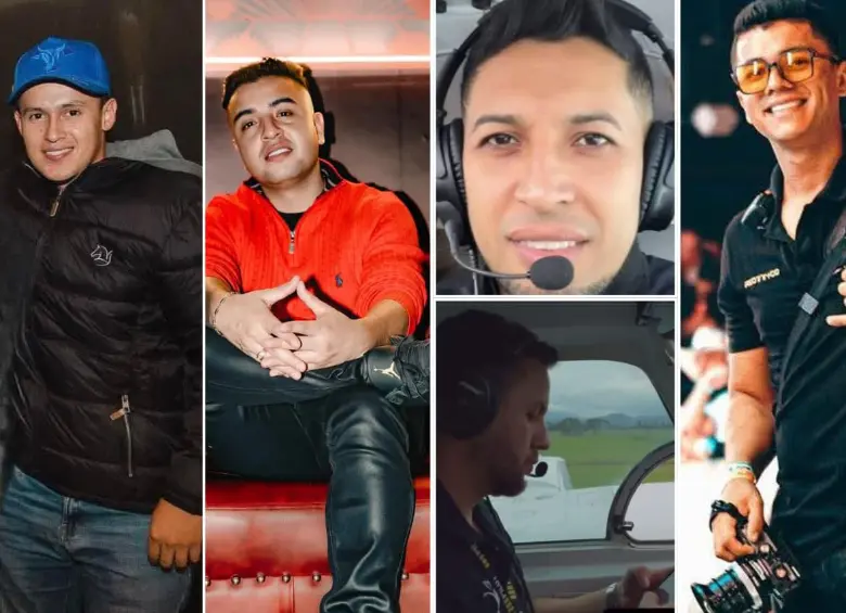 Jefferson Osorio, Juan Manuel Rodríguez, Oscar Marín (arriba), Hernando Torres (abajo) y Weisman Mora acompañaban a Yeison Jiménez en la avioneta durante el accidente. FOTOS: Tomadas de las redes sociales