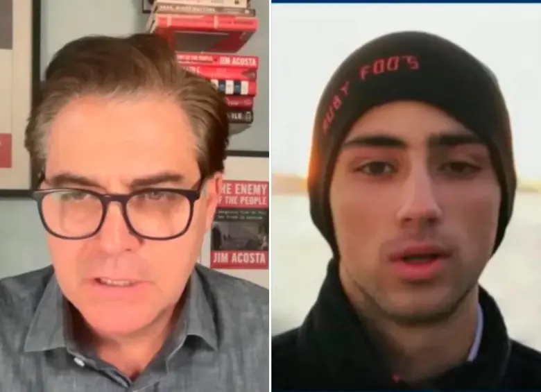 El periodista Jim Acosta y a su izquierda el avatar diseñado por IA del estudiante muerto, Joaquin Oliver. FOTO: CORTESÍA DE @nypost 