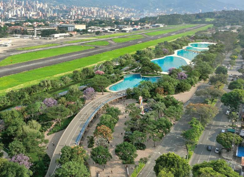 Representación computarizada del futuro Gran Parque Medellín, que tendrá circuitos de trote, piscinas olímpicas, senderos y un renovado espacio público. FOTO Cortesía Alcaldía de Medellín