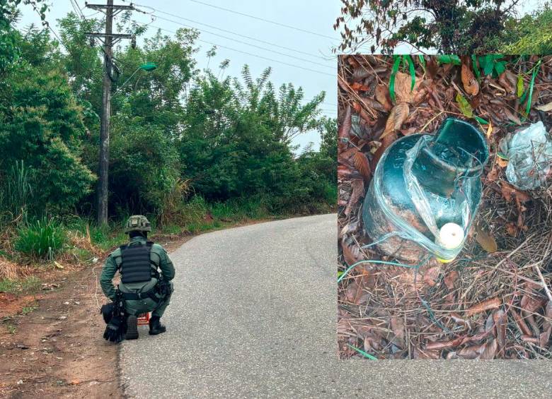 Este fue el cilindro que encontraron las autoridades en el corregimiento Otú, de Remedios, en la ruralidad de la vía que conecta a Medellín con Remedios y Caucasia. FOTO: CORTESÍA POLICÍA ANTIOQUIA