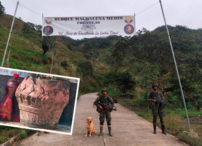 En una vivienda encontraron una botella de malta con explosivos (detalle), mientras que en corredores rurales hallaron dos pasacalles alusivos al frente 36 de las disidencias. FOTOS: CORTESÍA En una vivienda encontraron una botella de malta con explosivos (detalle), mientras que en corredores rurales hallaron dos pasacalles alusivos al frente 36 de las disidencias. FOTOS: CORTESÍA