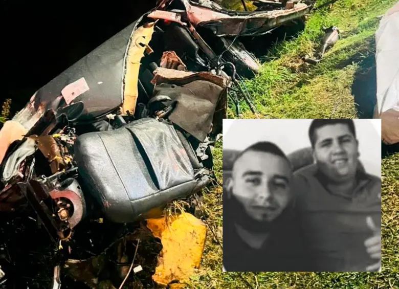 Juan Alberto Aristizábal Zuluaga (izq.) y Juan Pablo Montes Duque (der.) fueron las dos víctimas de este siniestro en la autopista Medellín-Bogotá, en el que tras la colisión de su carro contra un poste, este quedó convertido en chatarra. FOTOS: CORTESÍA MI ORIENTE