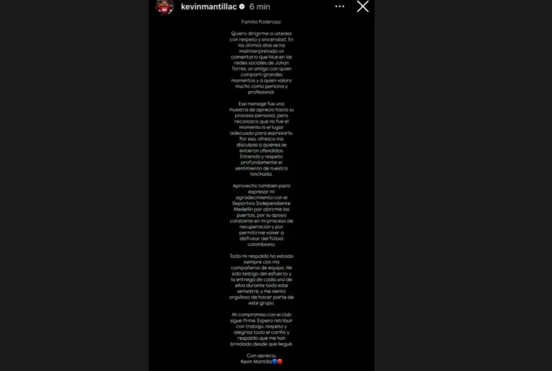 Kevin Mantilla se disculpó por polémico mensaje en redes que causó malestar entre los hinchas del DIM