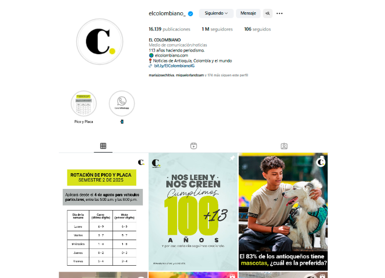 La cuenta de EL COLOMBIANO en Instagram alcanzó el millón de seguidores. FOTO Captura de pantalla