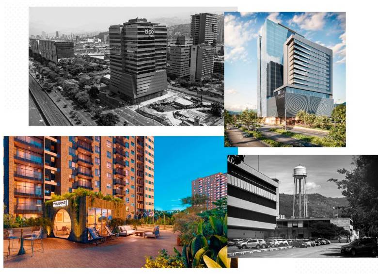 Arriba: Antes y después de Rivana Park, en el sector Industriales. Abajo: Antes y después de Veranova Park, en el antiguo lote de Coltabaco. FOTOS: El Colombiano y cortesía