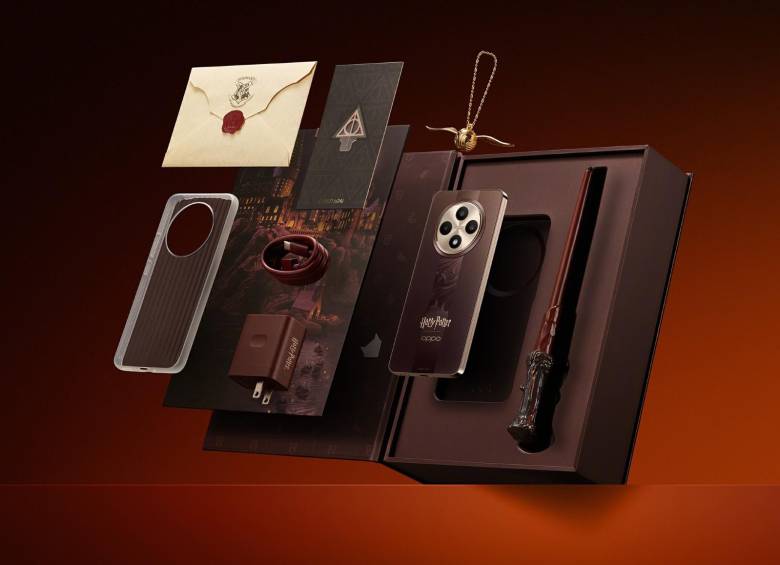 El smartphone viene acompañado de una caja en forma de libro de hechizos, una carta de Hogwarts y una Snitch Dorada, elementos que transforman el unboxing en una experiencia mágica. FOTO cortesía