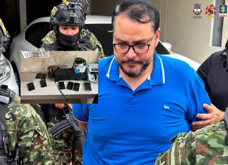 Más de 20 celulares, cuadernos contables y dispositivos token para realizar transacciones con criptomonedas fueron incautados durante el allanamiento a la vivienda en Barranquilla donde fue capturado Nassim Orfale Vásquez, requerido en extradición por Estados Unidos. Fotos: Ejército