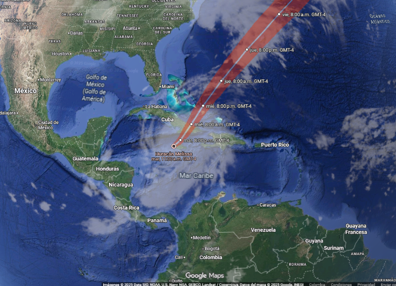El huracán Melissa arrastra vientos de hasta 295 km/h en el Atlántico. FOTO: Google Earth