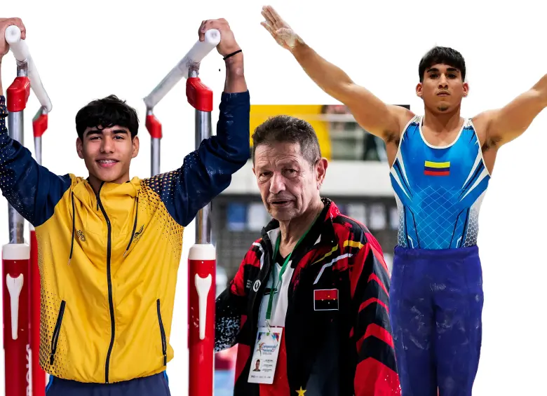 A la izquierda, Ángel Barajas, medallista de plata olímpico en barra fija. En el centro, el entrenador Jairo Ruiz, y su otro alumno, Camilo Vera, bicampeón mundial juvenil. FOTOS EL COLOMBIANO Y LA OPINIÓN