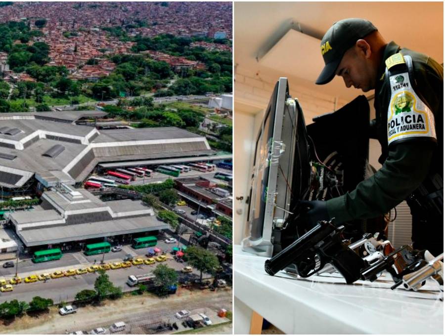 Un televisor con cinco revólveres fue encontrado en la Terminal del Norte de Medellín. FOTOS: Camilo Suárez y Cortesía
