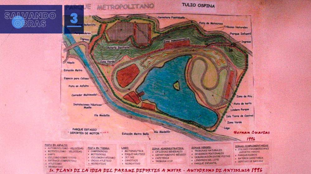 La promesa de convertir el terreno de 97,6 hectáreas en un polideportivo se fue desdibujando con la destinación e invasión del predio para otros propósitos. Por esto, Hernán tomó las riendas de su recuperación, encontrando en este no solo un espacio, sino la oportunidad de convertirlo en un parque de deportes a motor y náutico. En el año 1996, entonces, diseñó y registró dicho proyecto. En la foto, uno de los primeros planos.
