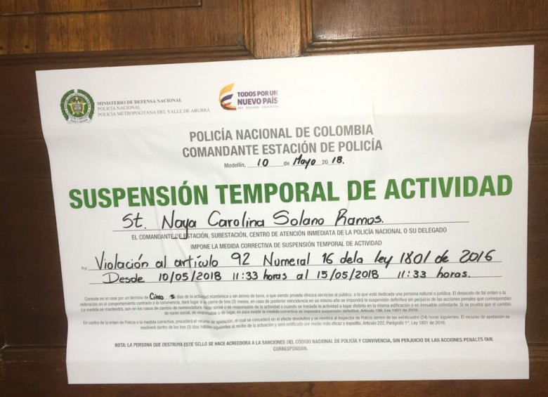 Esta es la orden de suspensión de actividades del apartamento en El Poblado donde se recuperaban 4 extranjeras. FOTO cortesía