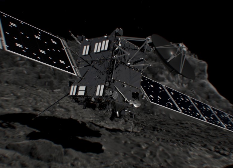 Impresión artística del acercamiento de la nave sobre el cometa en los minutos finales de la misión. El tamaño de Rosetta pequeño, pero con paneles de 32 metros. FOTO ESA