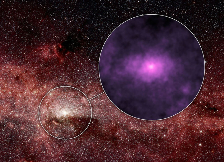 El círculo pequeño muestra hacia dónde queda el centro de la Vía Láctea, en el grande el detalle con la gran fuente de radio en el agujero negro central. FOTO Nasa