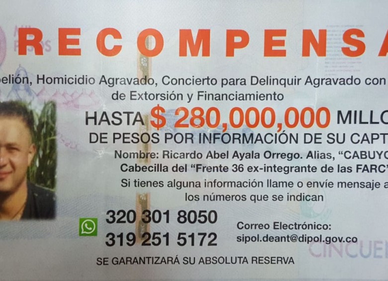 Recompensa por alias Cabuyo sube a 280 millones de pesos