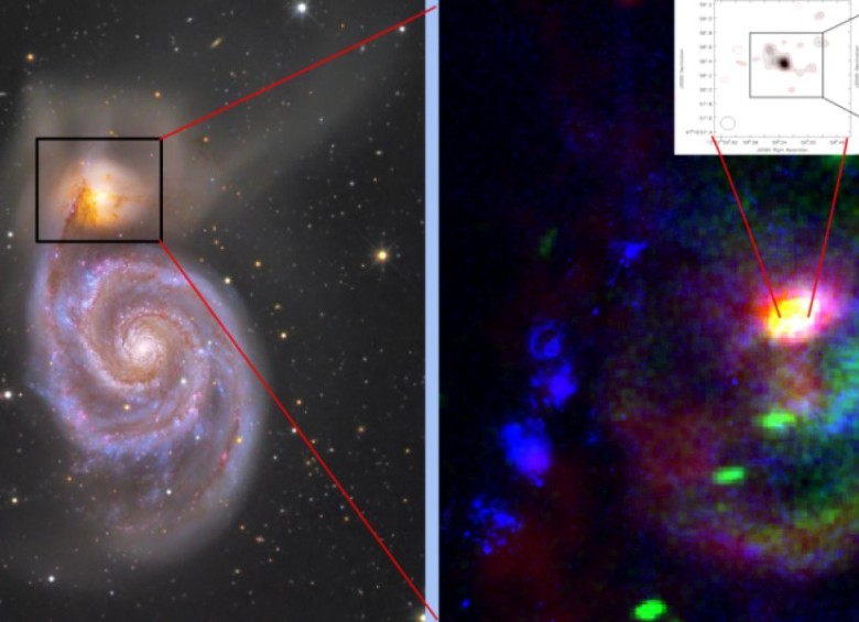 La galaxia del Remolino con la pequeña NGC 5195 en el recuadro. Foto Nasa/e-Merlin