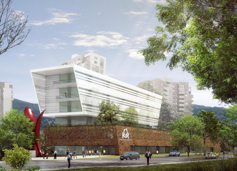 Así se verá desde la Avenida El Poblado el Centro Empresarial de la Cámara de Comercio de Medellín. Se construirá en el predio de la sede actual, en el sector del Club Campestre. IMAGEN CORTESÍA