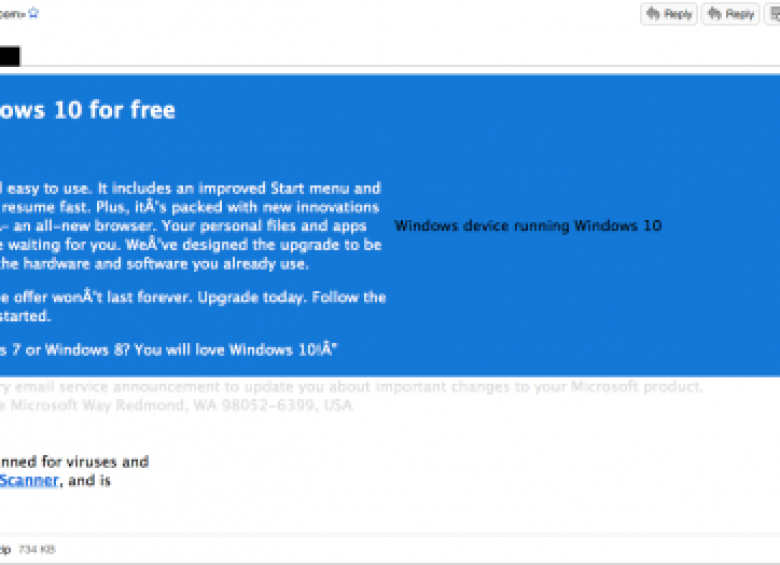 Este es el correo que ofrece la actualización de Windows 10 pero es un virus que bloquea el computador. FOTO Cisco