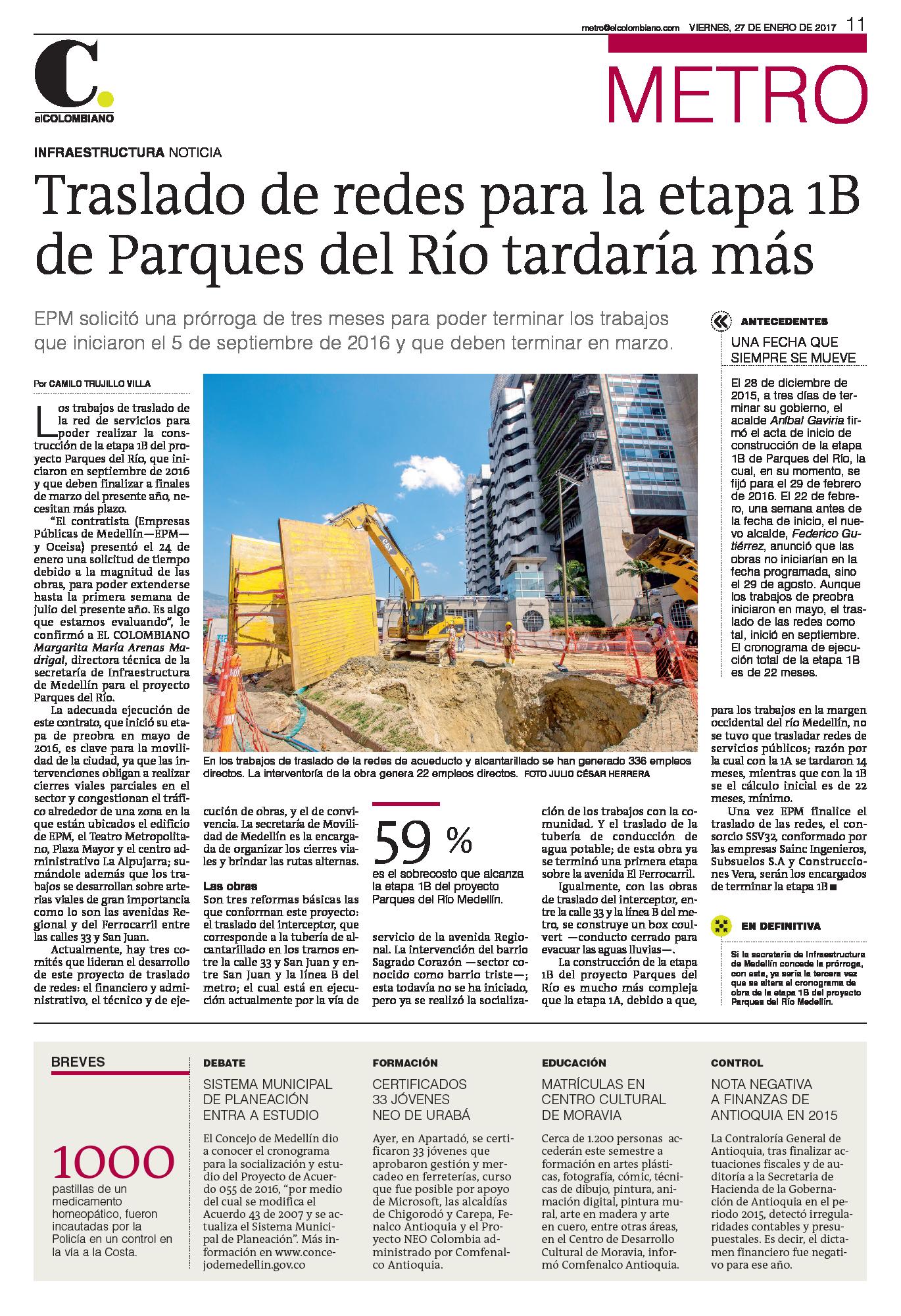 Obras en Parques del Río en Medellín podrían paralizarse