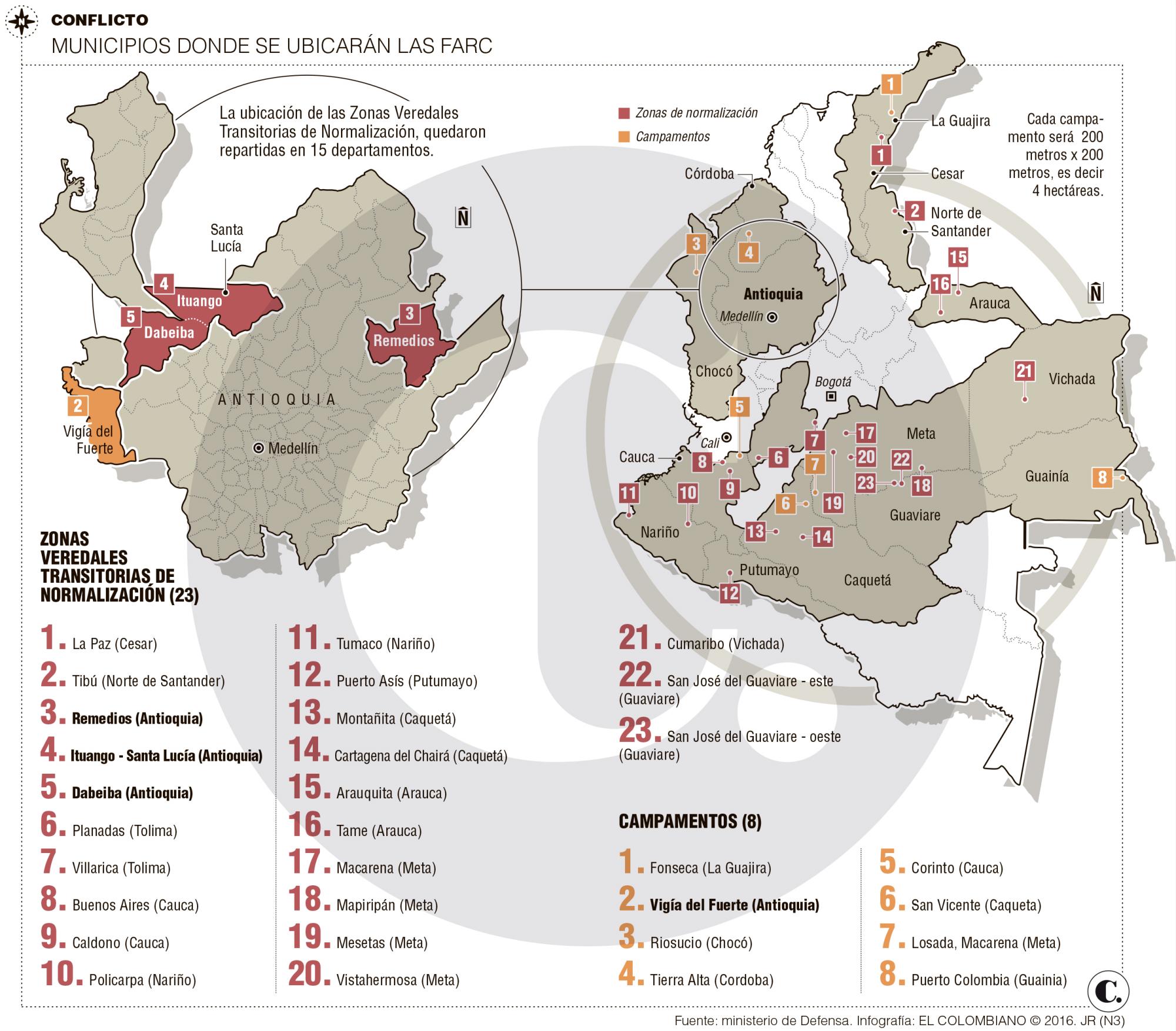 Mapa de las zonas de normalización, dónde se ubicarán las Farc