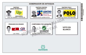 Así será el tarjetón para elegir al próximo Gobernador de Antioquia. IMAGEN CORTESÍA REGISTRADURÍA.