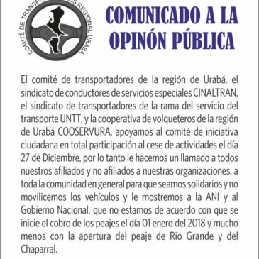 Comunicado del Comité de Transportadores Regional Urabá. 
