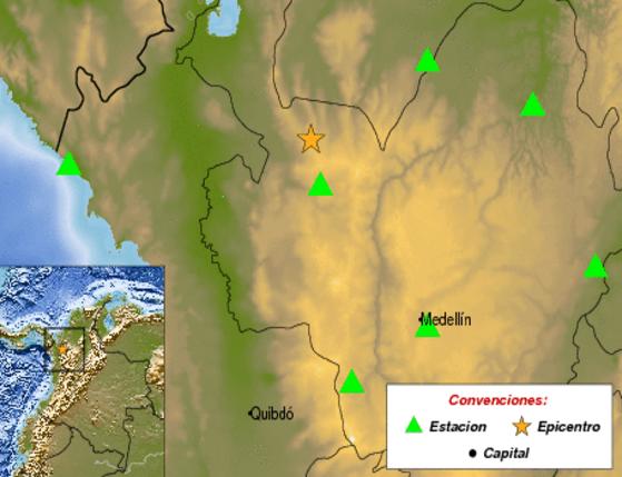 La estrella amarilla es el lugar del epicentro, cerca a Mutatá, Antioquia. FOTO Servicio Geológico Colombiano