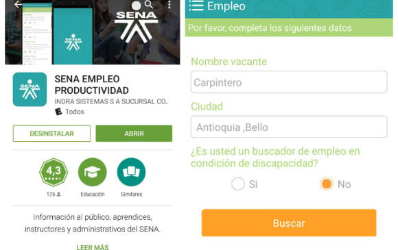 Apariencia de la opción “Empleo” en la aplicación móvil del Sena. Por ciudad y profesión se pueden filtrar búsquedas de vacantes de la Agencia Pública de Empleo de la entidad.