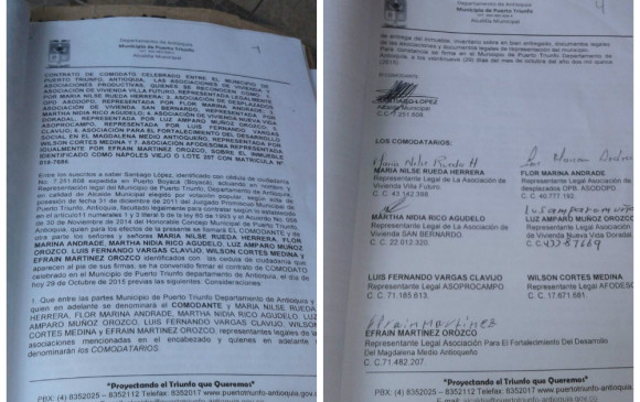 Estas son algunas páginas del comodato que firmaron las asociaciones y el anterior alcalde de Puerto Triunfo, Santiago López. 