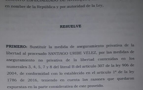 Juez otorga libertad a Santiago Uribe Vélez