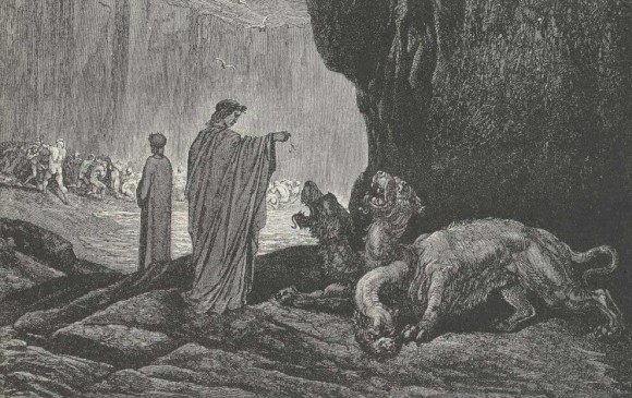 Cancervero (mitología griega) era hijo de Equidna y Tifón, y hermano de Ortro. En la Divina Comedia, de Dante Alighieri, está en el tercer círculo del Infierno. Glotones son desollados por este perro de tres cabezas (imagen grabado de Gustav Doré).