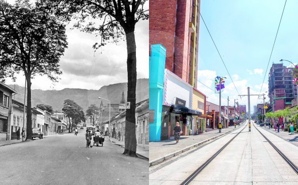Un antes y después del corredor de Ayacucho, vía que dejó atrás los buses y carros para dar prelación a las catenarias, al tranvía y a los peatones de Medellín. FOTO Julio César Herrera y archivo