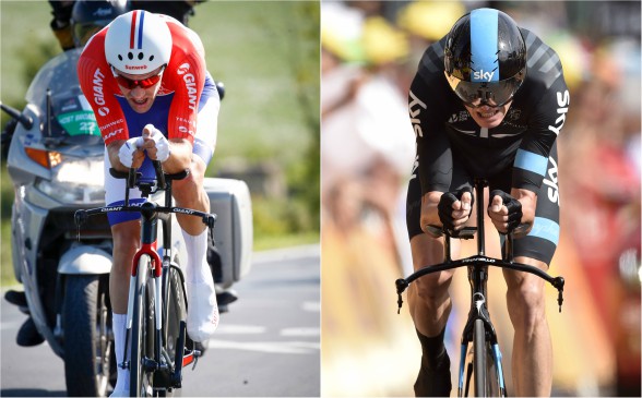 La última vez que Dumoulin (izquierda) y Froome se midieron fue en el Mundial de Bergen en septiembre. Se espera la resolución de la UCI para saber si se vuelven a cruzar en el Giro. FOTOS AFP