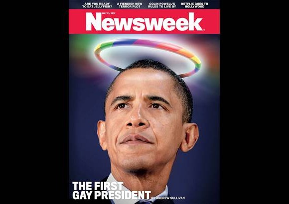 Cortes&#237;a - La portada de la edici&#243;n de Newsweek del 21 de mayo muestra una foto del presidente de Estados Unidos con una aureola en arcoiris, el titular dice El primer presidente gay.