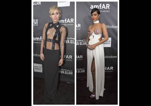 Reuters - Los cantantes Miley Cyrus y Rihanna llegan a la Gala anual de amFAR en Los &#193;ngeles.