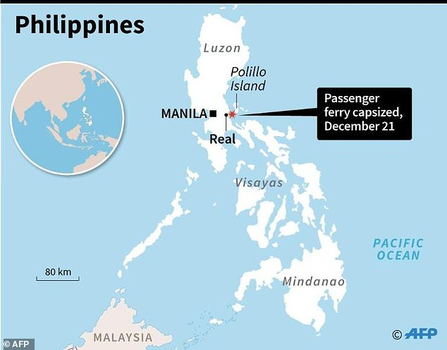 Infgrafía que ubica el sitio donde ocurrió el naufragio del ferri en Filipinas. FOTO AFP