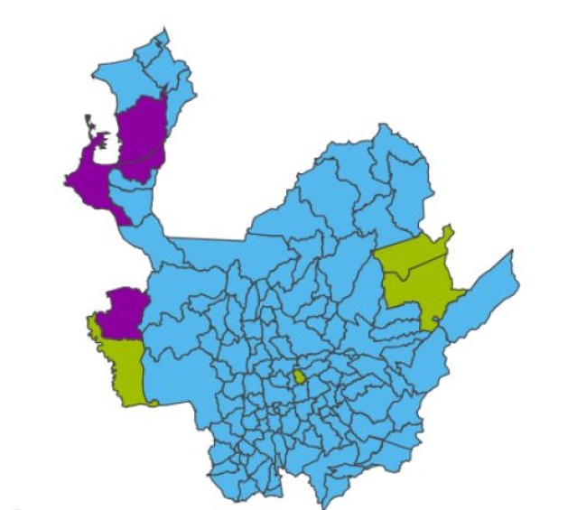 Así quedó el mapa electoral en Antioquia en primera vuelta. El azul representa a Iván Duque, el verde a Sergio Fajardo y el morado a Gustavo Petro. FOTO REGISTRADURÍA. 