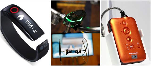 Gadgets sorprendentes que marcan tendencia | De izquierda a derecha: Lifeband Touch de LG, navegador para bicicletas, el AR Drone y video cámara UHD
