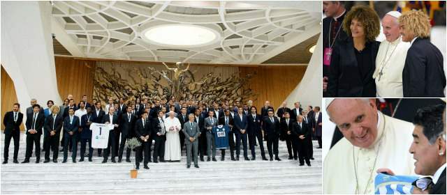 Papa elogió mensaje de paz que enviaron futbolistas al mundo | 1. 50 futbolistas se reunieron con el Papa. 2. El Pibe Valderrama y su esposa se tomaron la foto de rigor. 3. Maradona le entregó la camiseta de la Selección argentina con el 10. FOTOS AFP