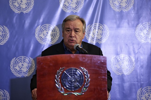 El Secretario general de la ONU, Antonio Guterres en rueda de prensa en Bogotá. FOTO COLPRENSA