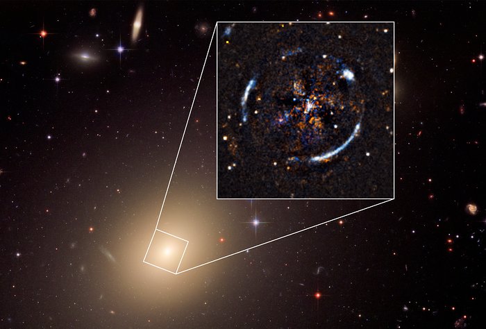 En el recuadro, la galaxia ESO 335 G0004 que sirvió de lente gravitacional para verificar teoría de Einstein. Foto ESO, ESA/Hubble, NASA