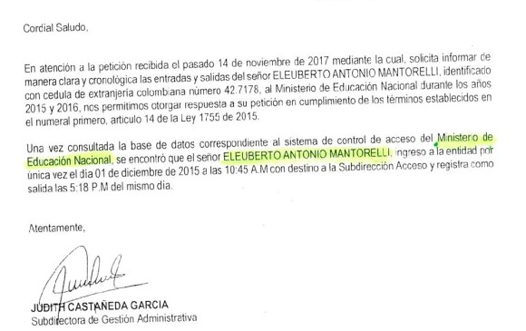 Documento que acredita la visita de Martorelli al Mineducación