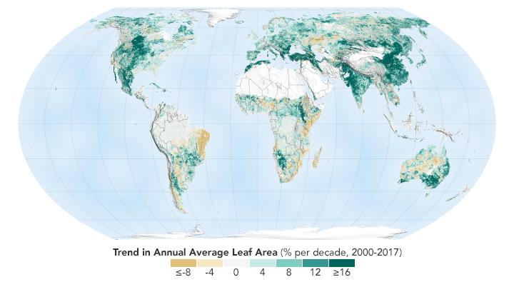 Promedio anual de área verde en el mundo, desde 2000 hasta 2017. Foto: Nasa