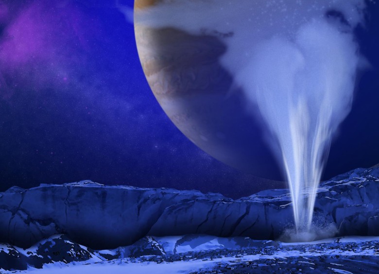 Ilustración de cómo podría verse uno de los chorros en la luna Europa. Al fondo, el planeta Júpiter, cuya interacción con su satélite permitiría estos géiseres. FOTO NASA/ESA/K. Retherford/SWRI