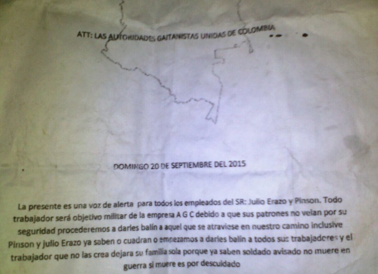 Con este panfleto fueron advertidos los empleados de Mineros Asociados del Nordeste. FOTO CORTESÍA