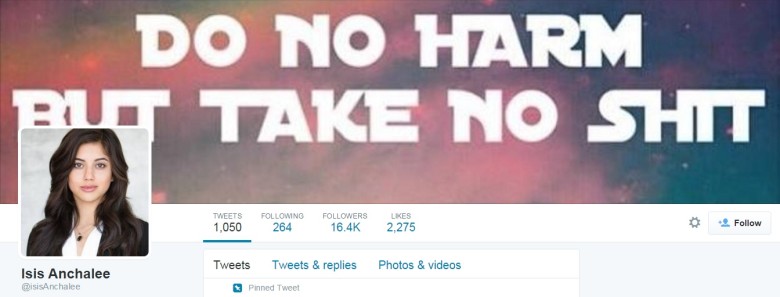 Este es el perfil de Twitter de la joven estadounidense Isis Anchalee. FOTO TOMADA DE TWITTER