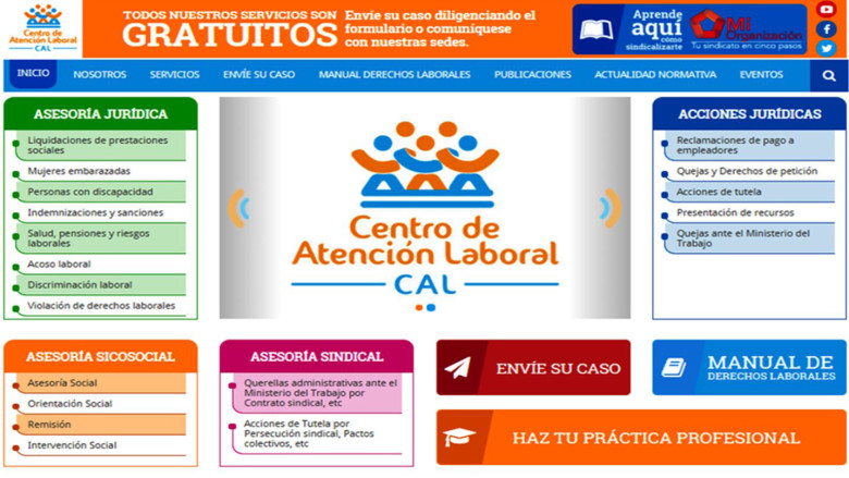 Esta es la página de inicio de www.calcolombia.co, donde los trabajadores pueden solicitar asesoría laboral y jurídica. FOTO Cortesía