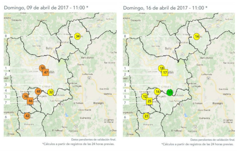 La imagen de la izquierda muestra cómo estaba el aire de Medellín el Domingo de Ramos; la de la derecha corresponde a este Domingo de Resurrección. IMÁGENES DEL SIATA