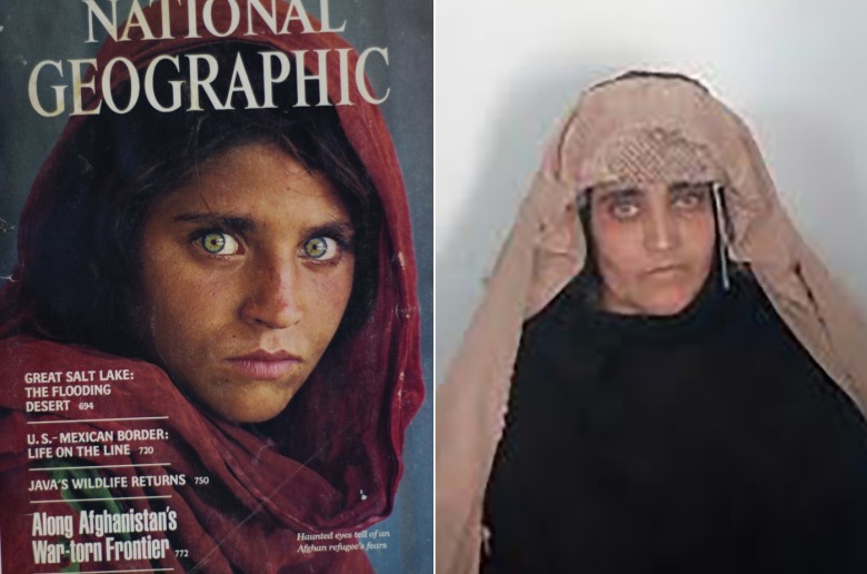 A la izquierda, la portada de National Geographic que hizo famosa a Shabart Gula. A la derecha, la “niña afgana” hoy. FOTO AFP