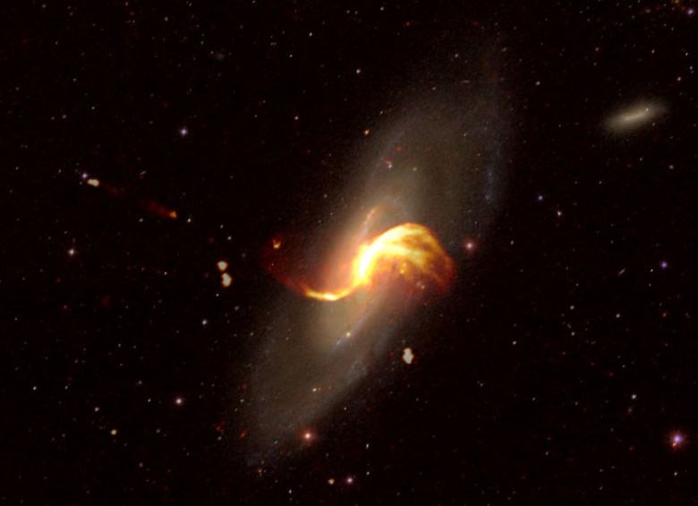 La galaxia espiral M106 vista en una imagen óptica (de “Sload Digital Sky Survey”) superpuesta con emisiones de radio LOFAR (en amarillo-naranja). FOTO Observatorio de París - PSL y el equipo de encuesta de LOFAR